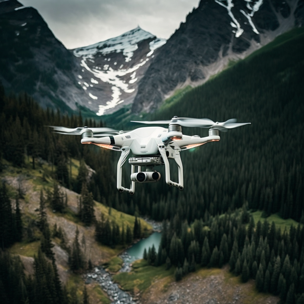 dji drone flying near a mountain