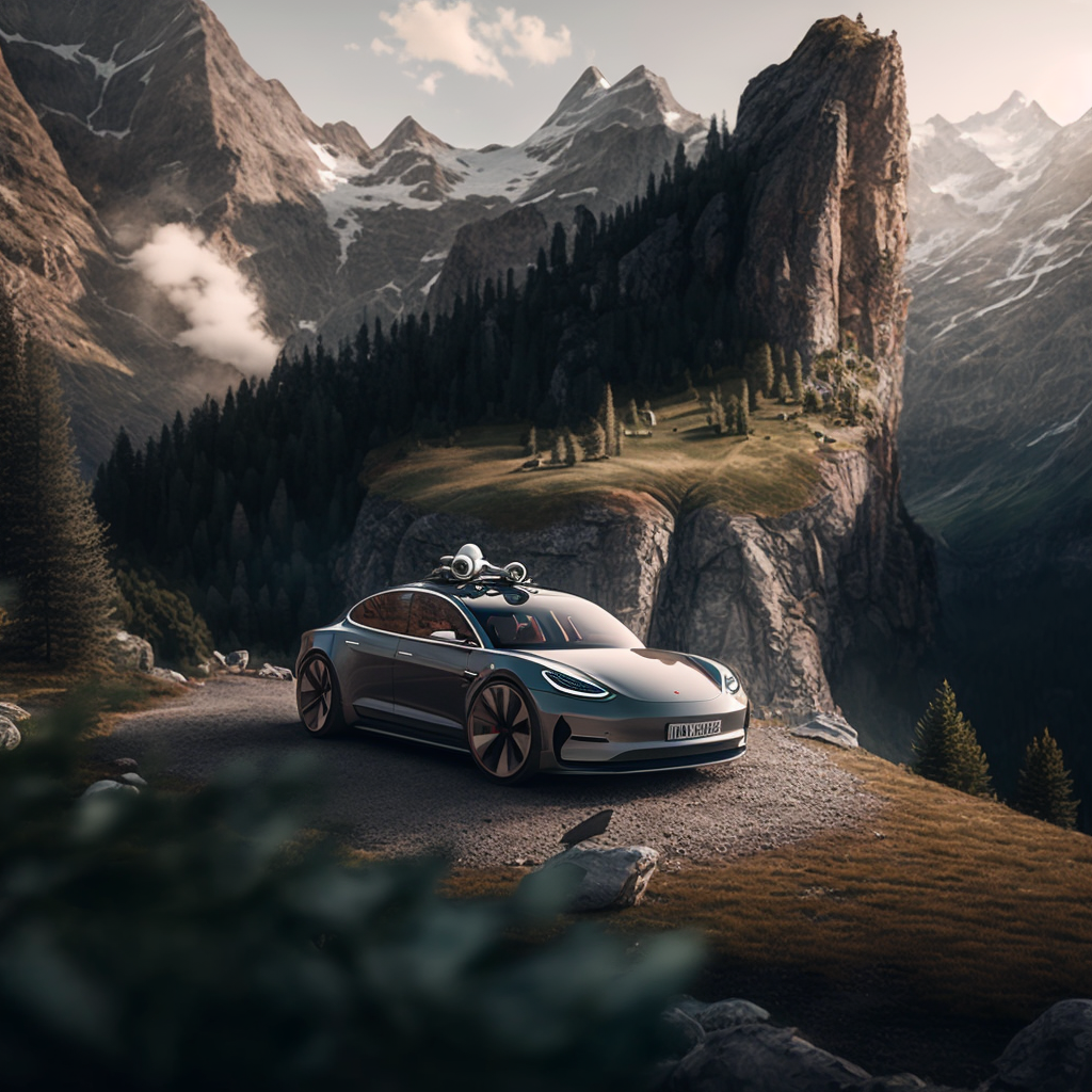 futuristic tesla model 3 in the mountains drone aerial